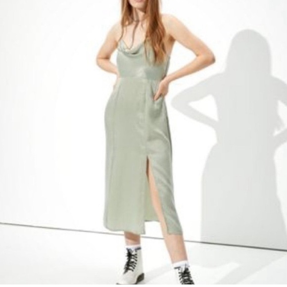 American Eagle Outfitters Midi Dress Satin Cowl Neck Slit Sage Green Large - Picture 1 of 9